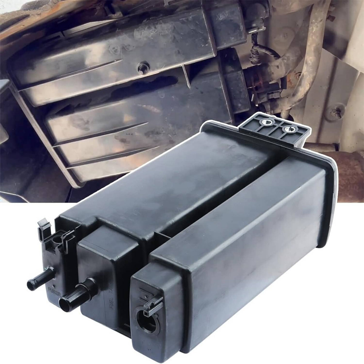 Black fuel vapor canister with hoses and electrical connector on bracket