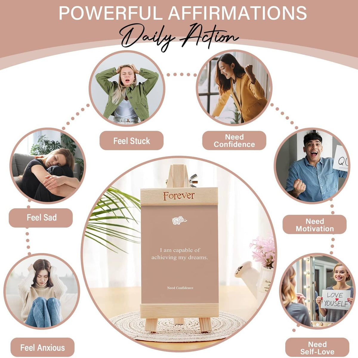 Pink affirmation cards shown in a display stand for daily action