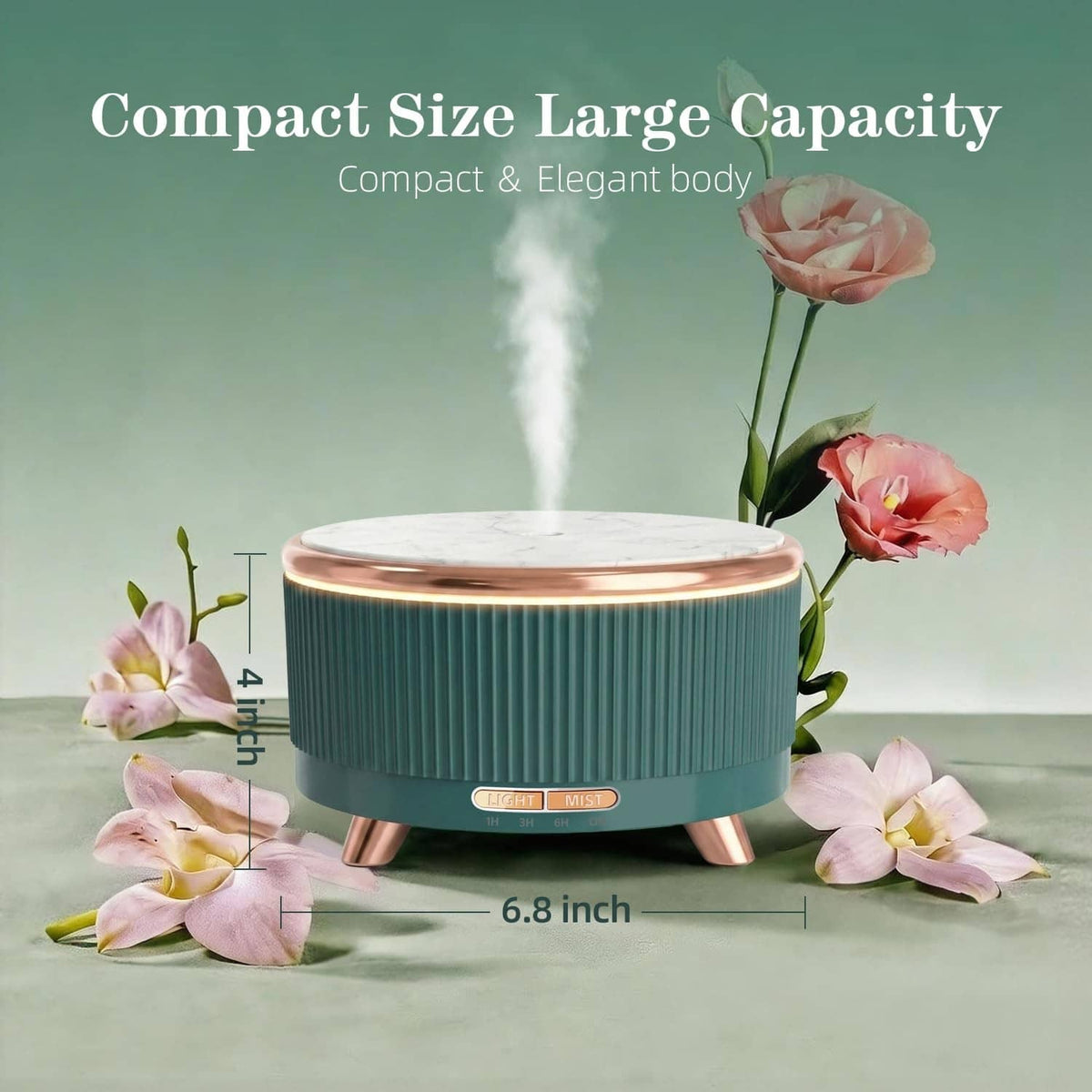 Teal essential oil diffuser with mist jet, copper legs, and white top