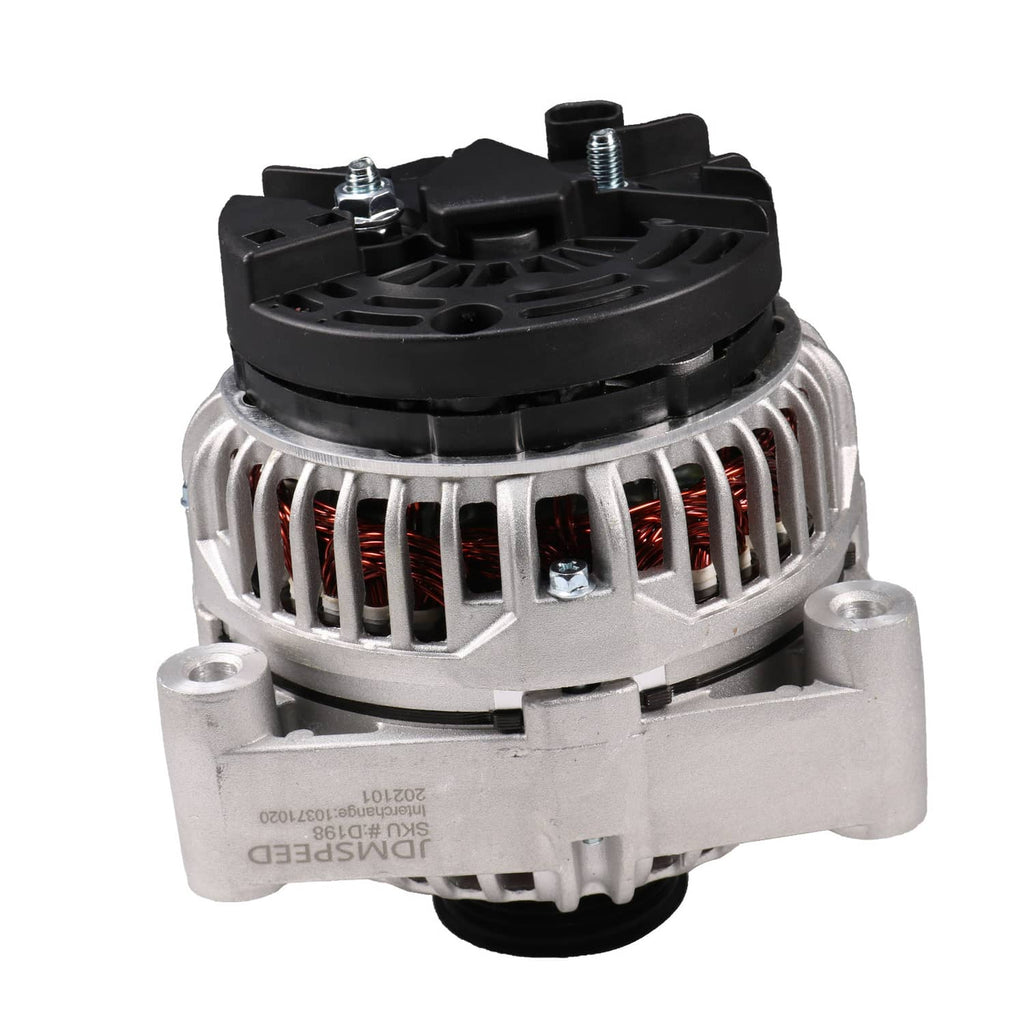 Engine alternator with black top connector and vented silver casing, rear view