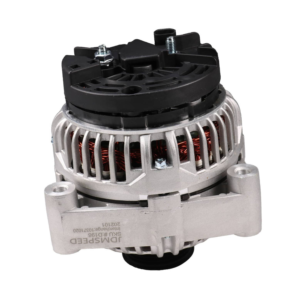 Engine alternator with black top connector and vented silver casing, rear view
