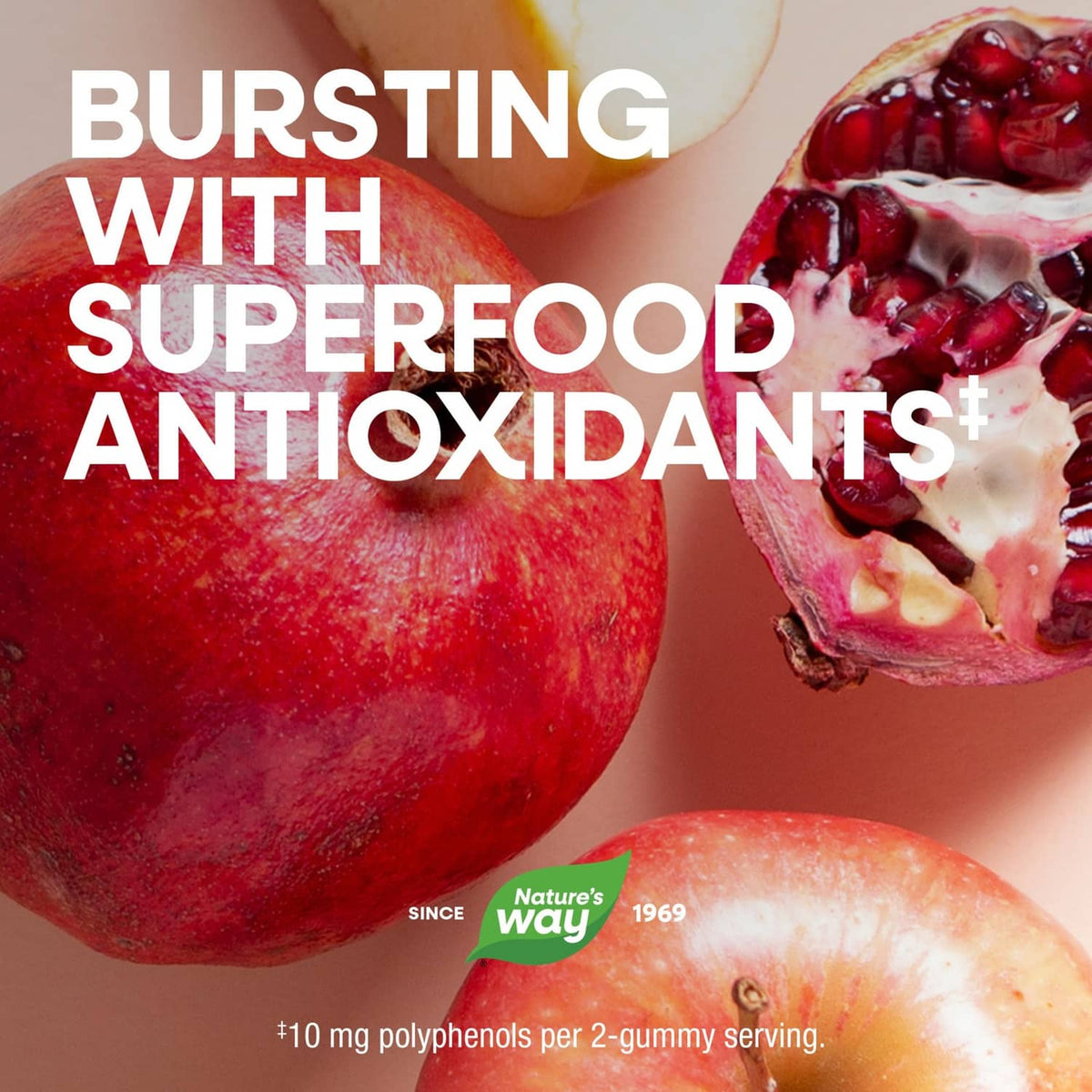 Multivitamin gummy marketing graphic with pomegranate fruit and gummy pieces