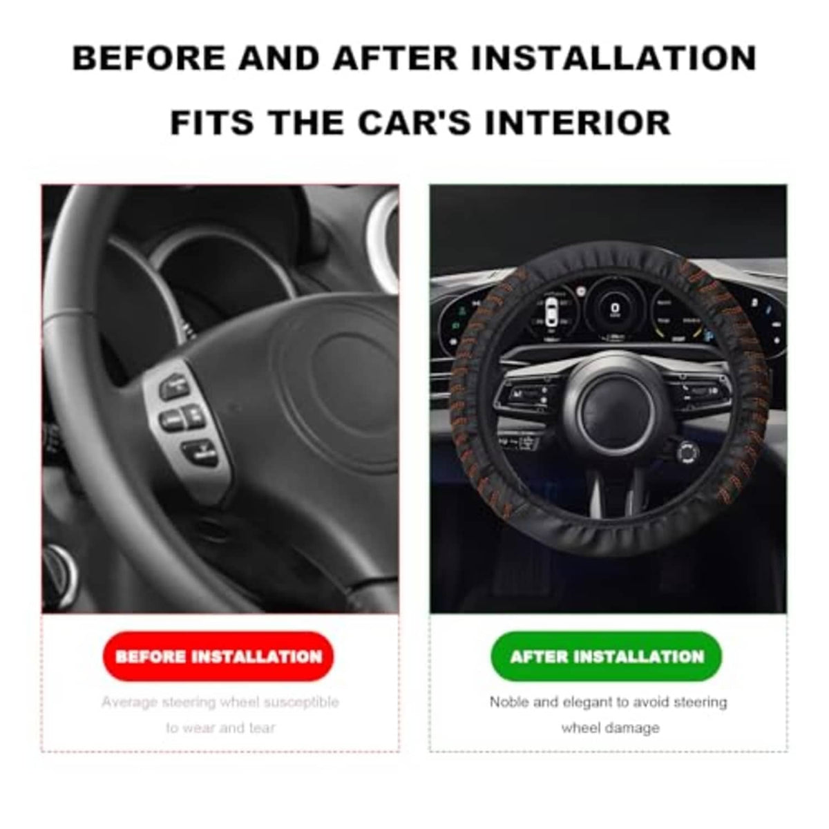 Black steering wheel cover installed view, orange-stitched grip edge