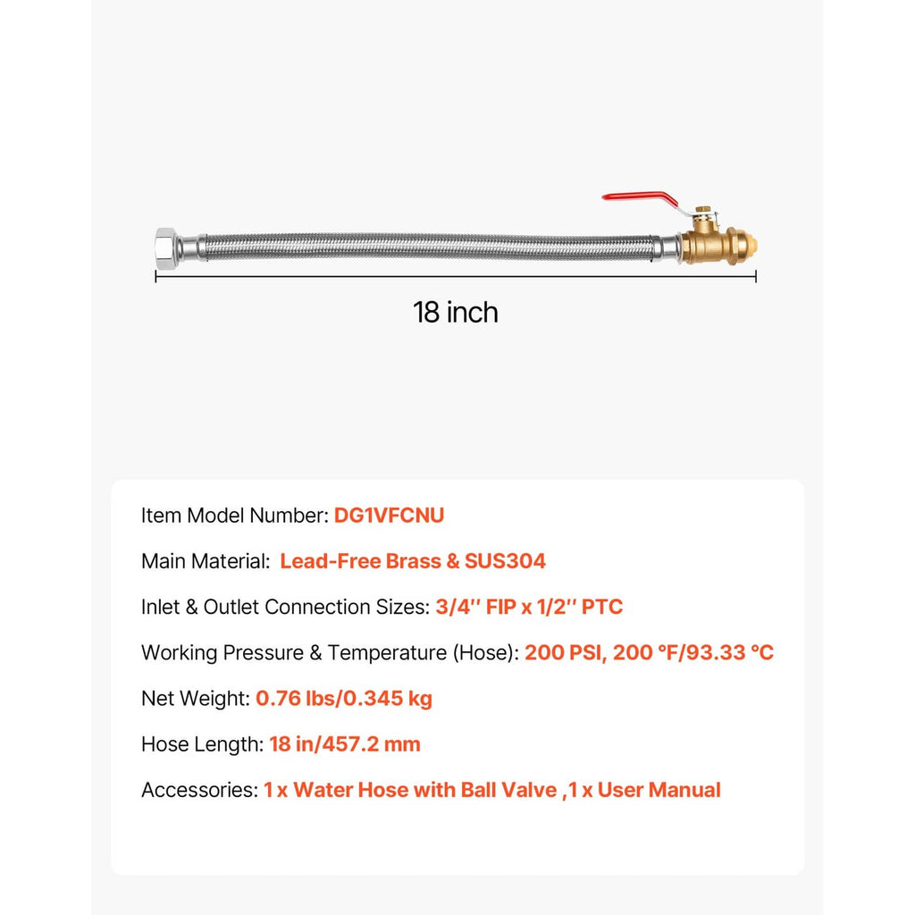 18-inch stainless braided water heater hose with brass ball valve and push-fit connectors