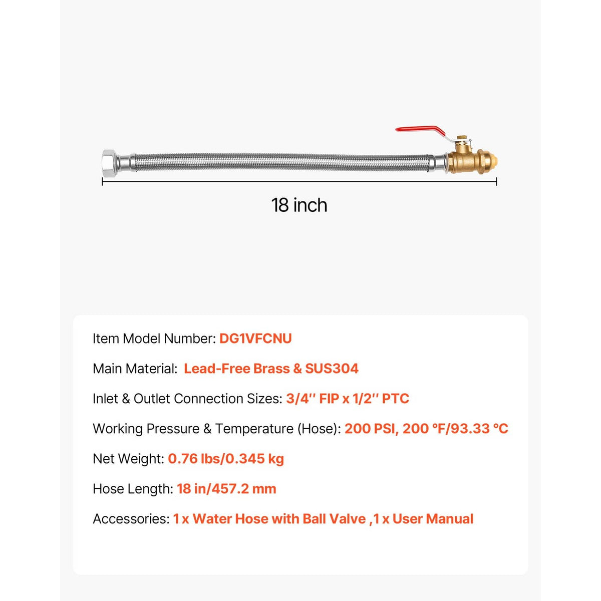 18-inch stainless braided water heater hose with brass ball valve and push-fit connectors