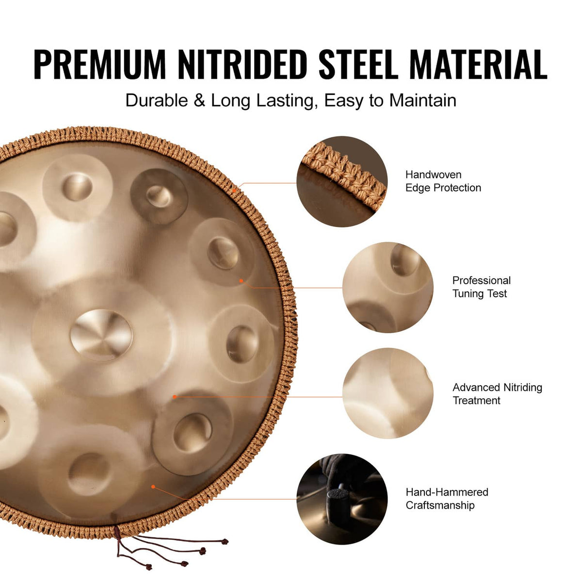 Golden handpan drum with rope edge and raised note circles for durable steel build