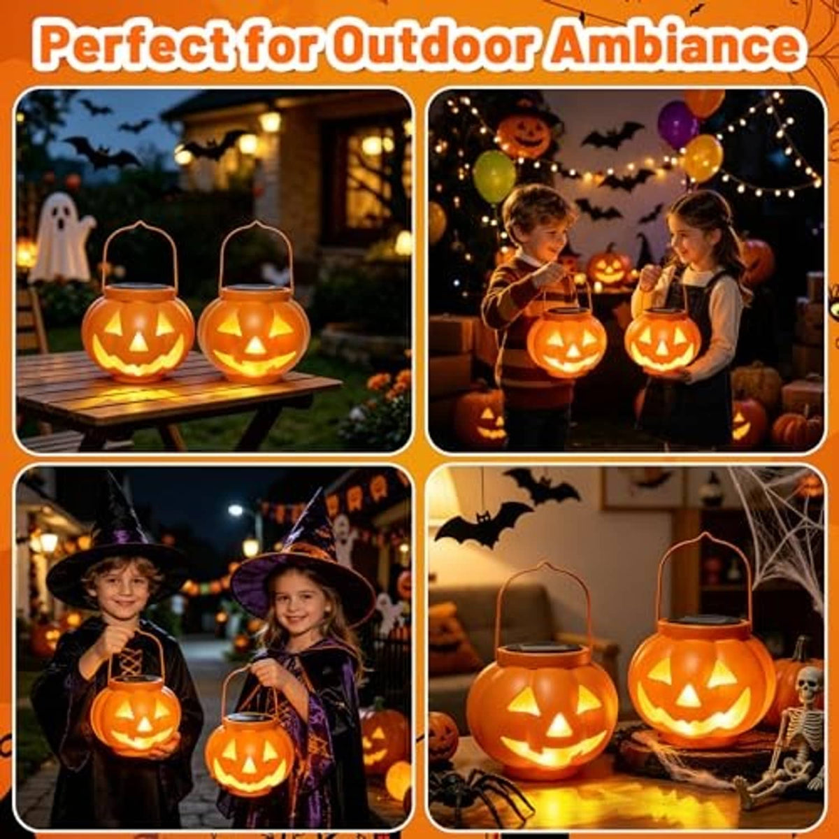 Two orange jack-o'-lantern solar lanterns with glowing cutout faces