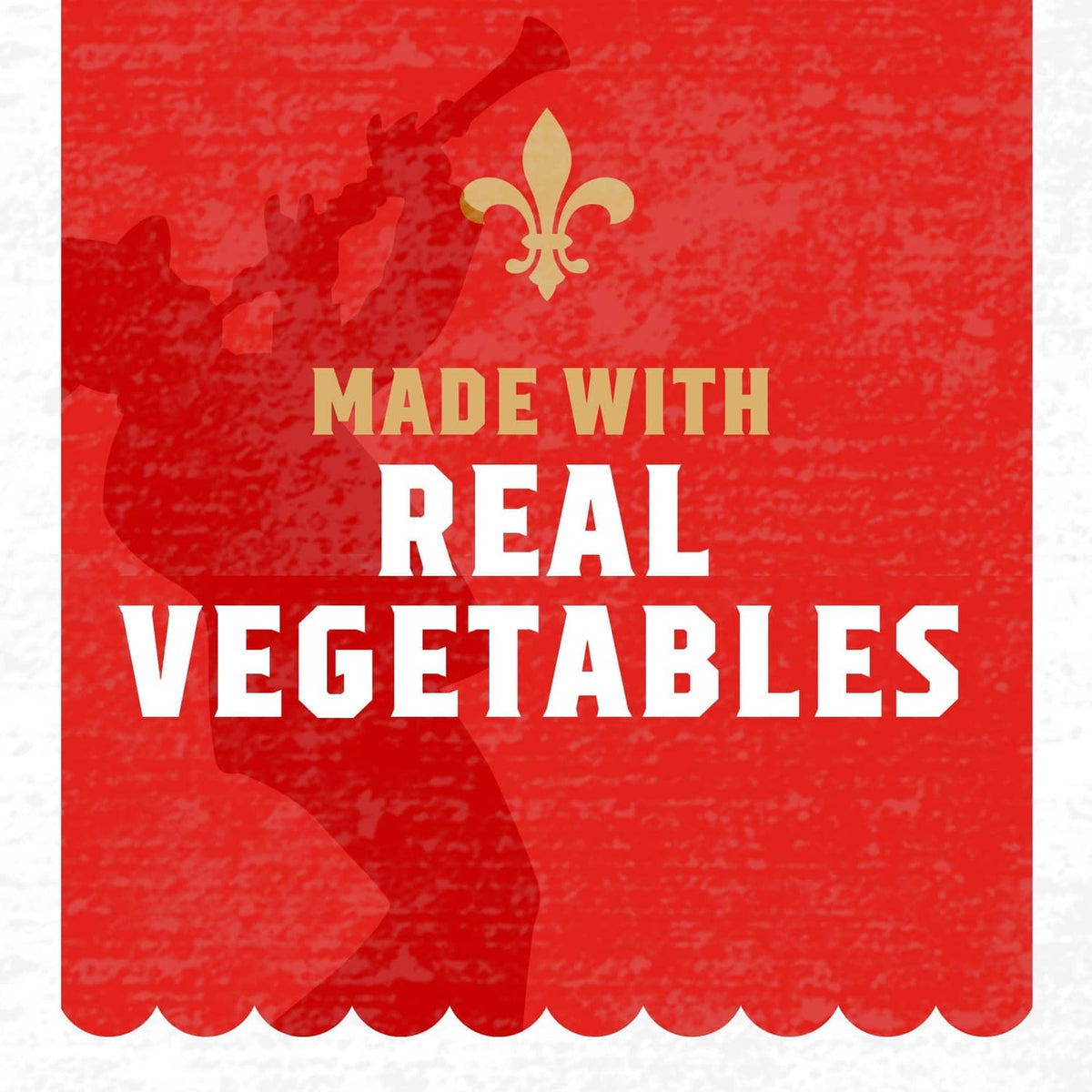 Red packaging panel reading “Made with real vegetables” with fleur-de-lis icon