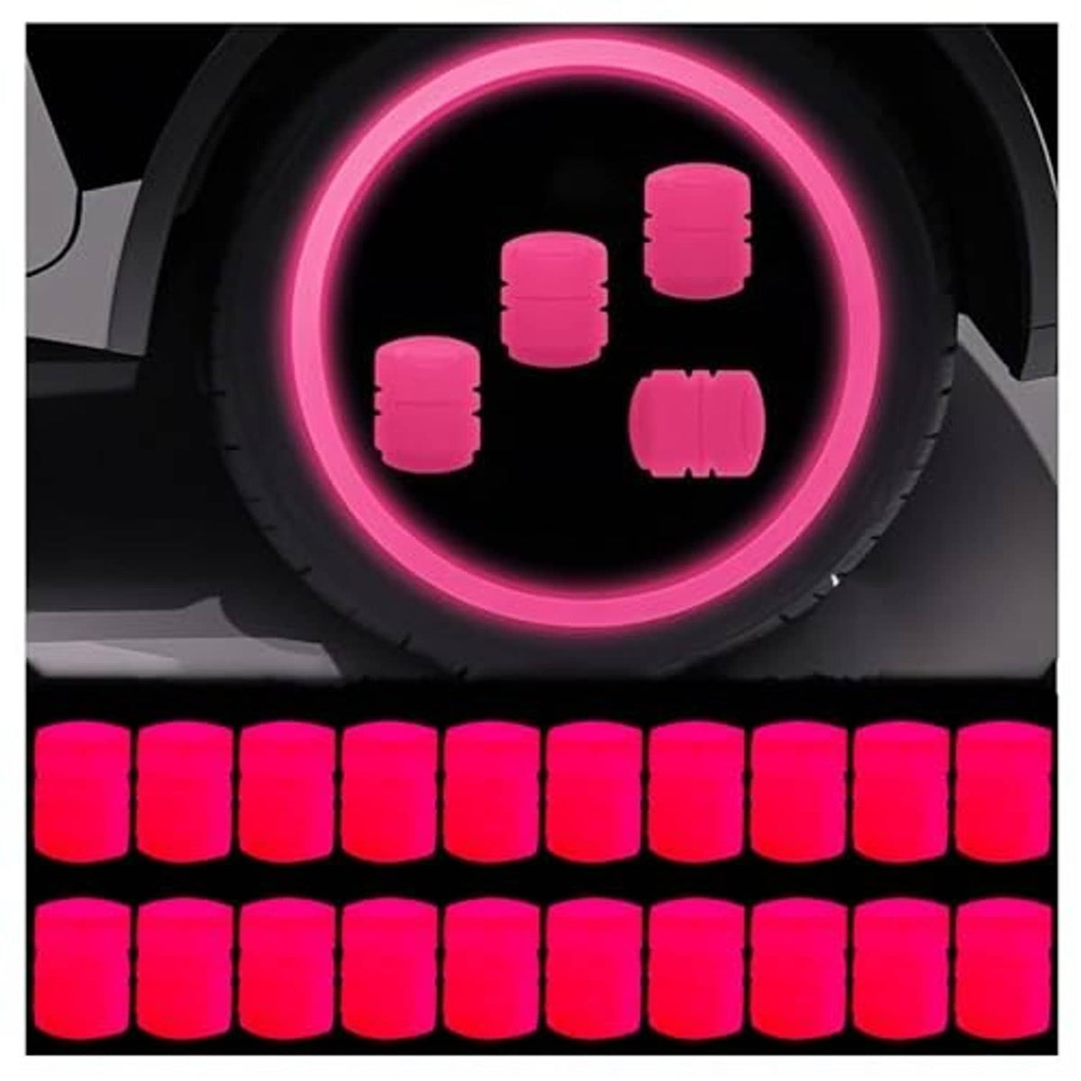 Pink glowing tire valve caps on wheel valve stems, multiple illuminated caps lined up