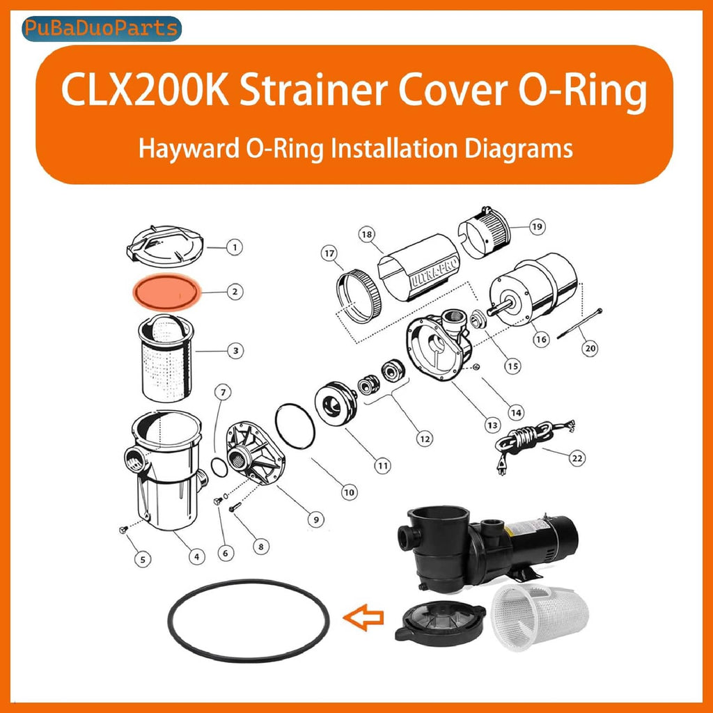 Black O-ring for strainer cover, shown in an installation diagram