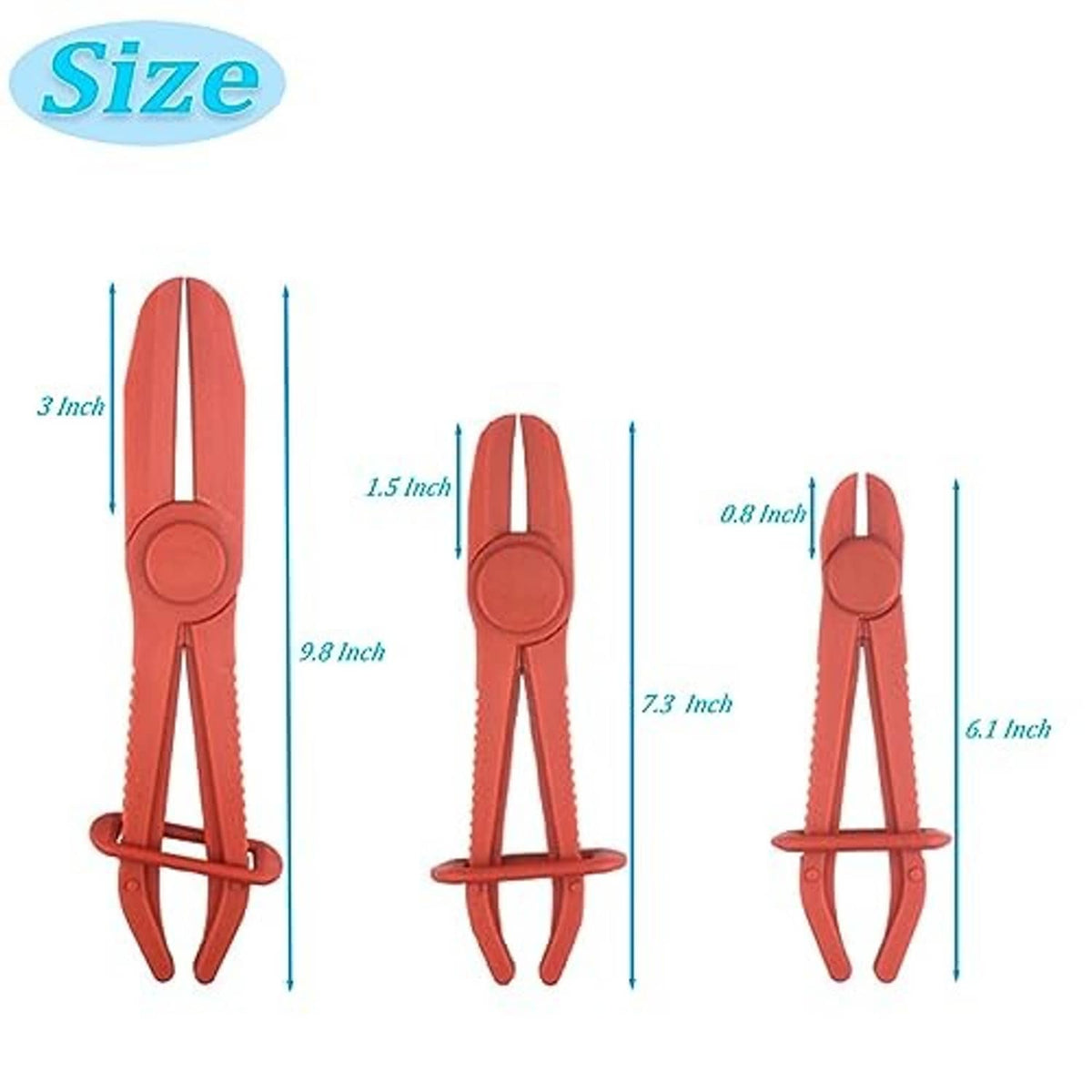 Red plastic hose pinch-off pliers set shown with size dimensions diagram