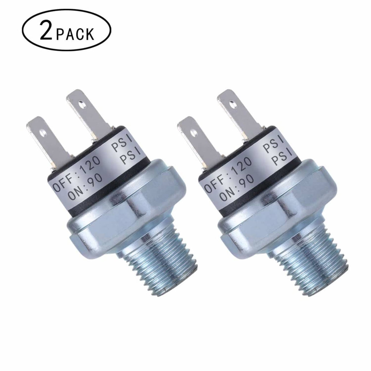 Two air pressure switches with pressure markings and threaded ports, metal construction