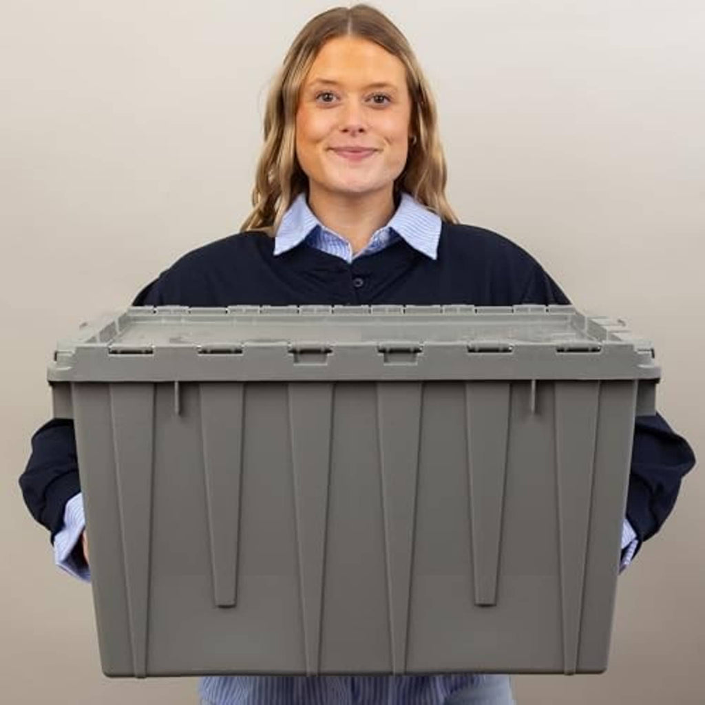 Grey plastic storage container with lidded top, held up for size