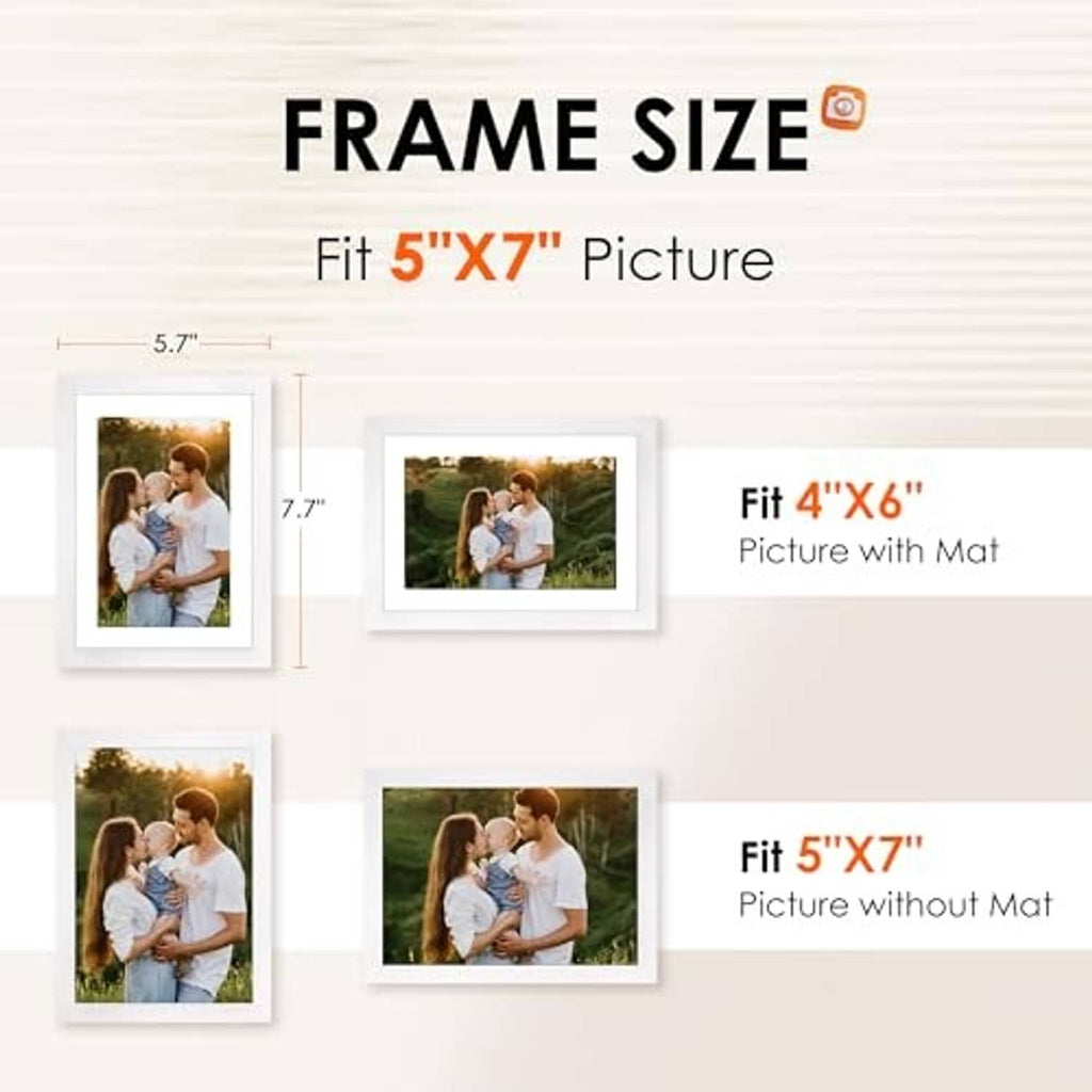White 5x7 picture frame with mat and sizing guide for 4x6 and 5x7 photos