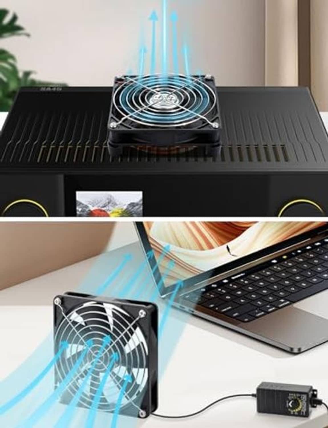 Computer cooling fan mounted on equipment with visible airflow arrows