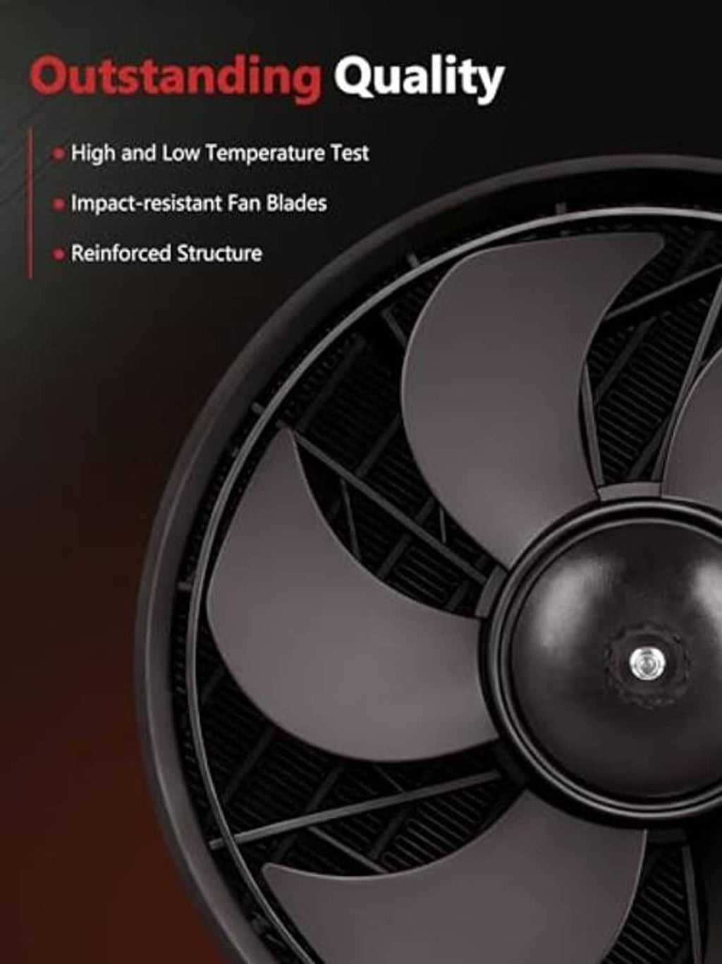 Close-up of black radiator fan blades with central motor hub in a shroud