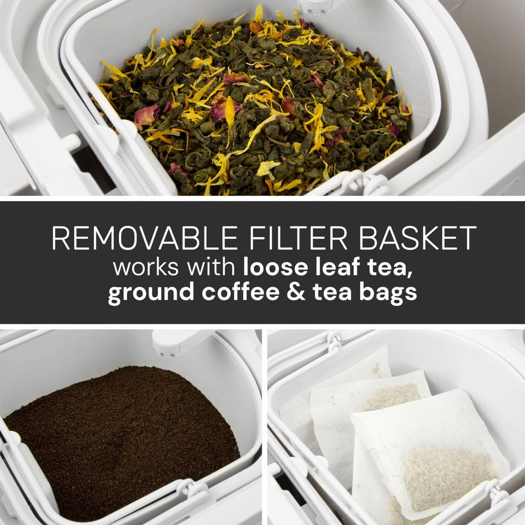 Removable filter basket filled with loose tea leaves and tea bags for iced tea and coffee