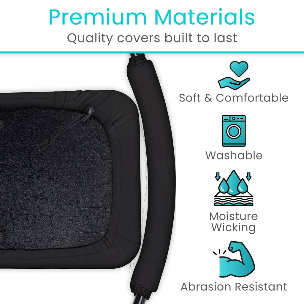 Black rollator seat and backrest cover, close-up of soft fabric and molded edge
