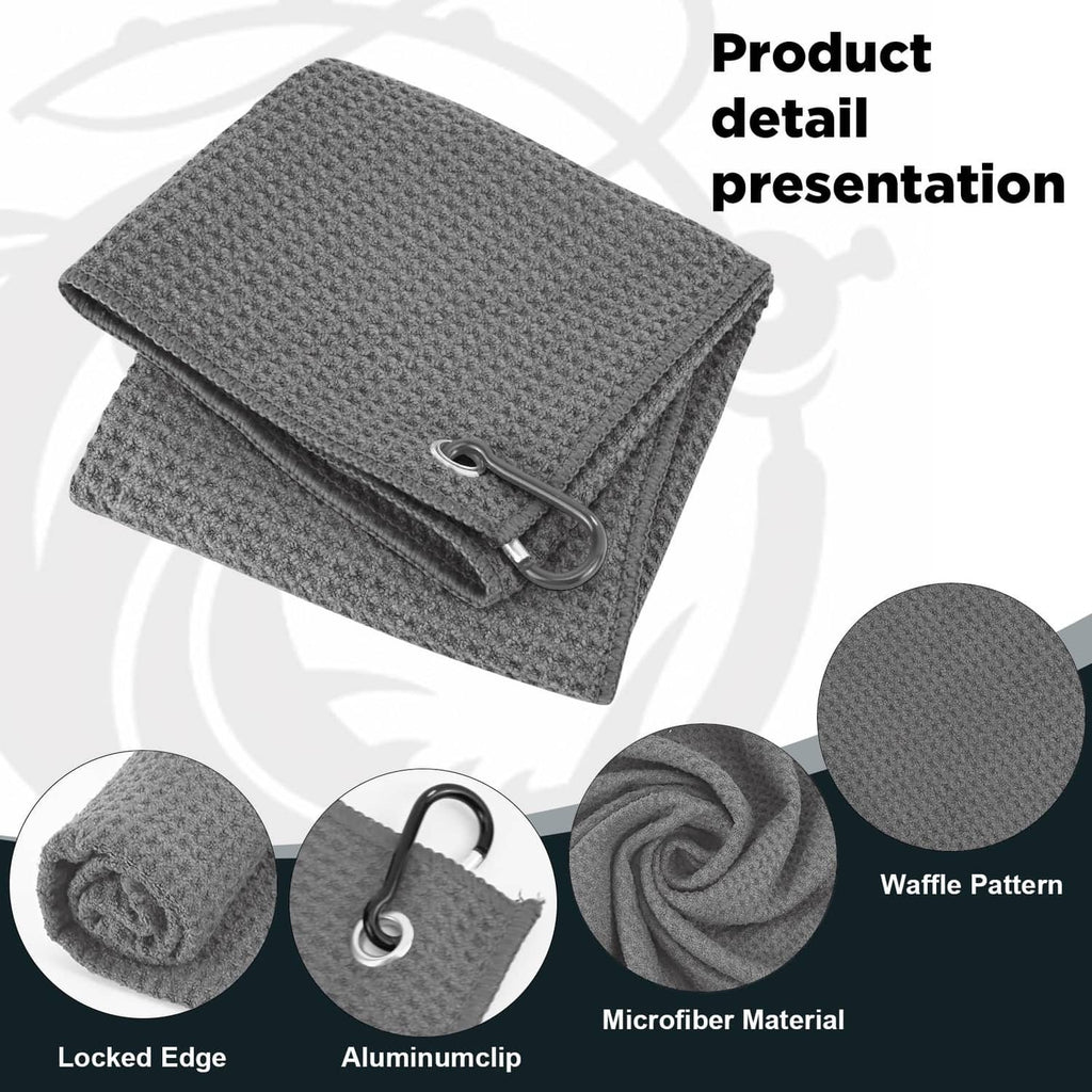 Grey microfiber fishing towel with carabiner clip, waffle textured fabric