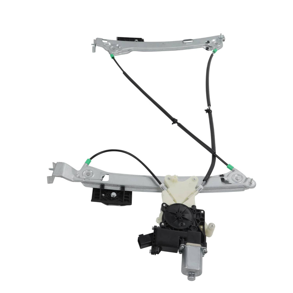 Power window regulator with white motor housing, black cables, and silver upper track