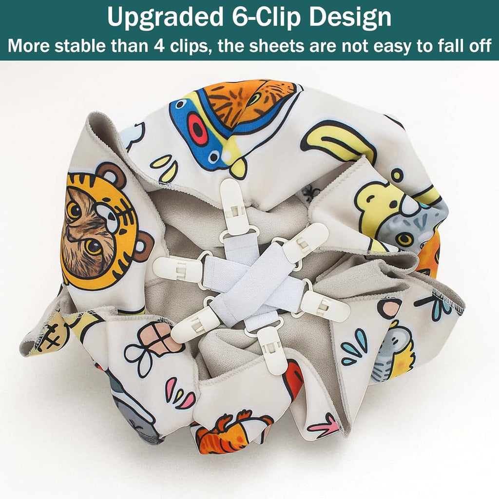 Bed sheet detangler with 6 clips holding a patterned fabric bundle, white clips on light blue bands