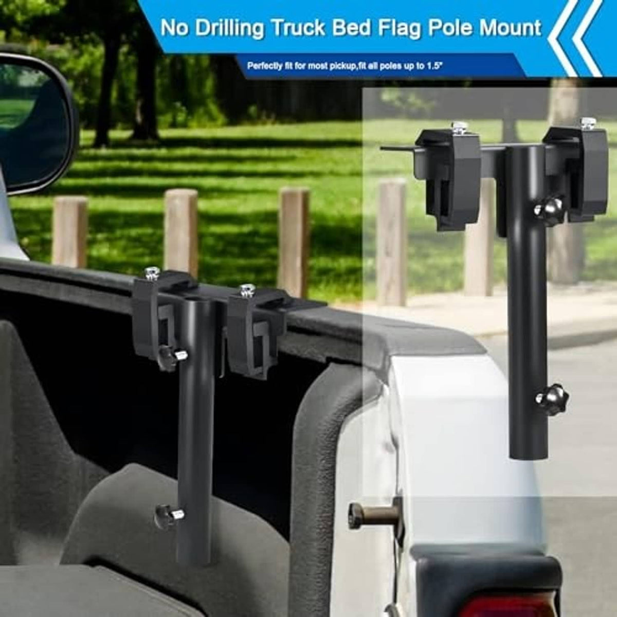 No-drill truck bed flag pole mount kit with black clamps and vertical pole