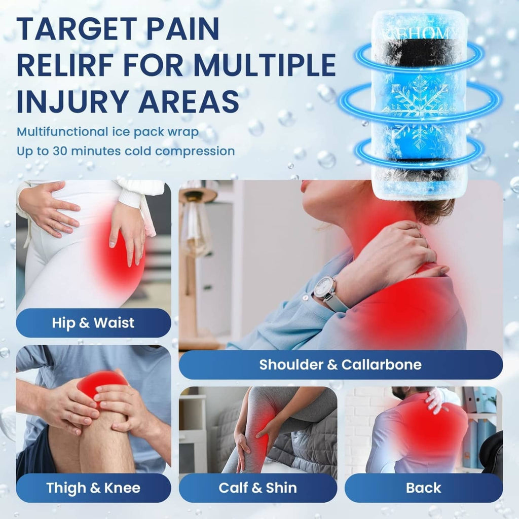 Blue reusable gel ice pack wrap with black straps shown on body