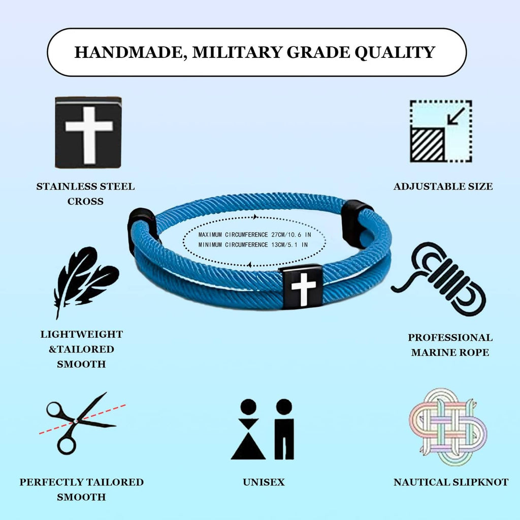 Blue braided rope cross charm bracelet with silver square cross, adjustable fit