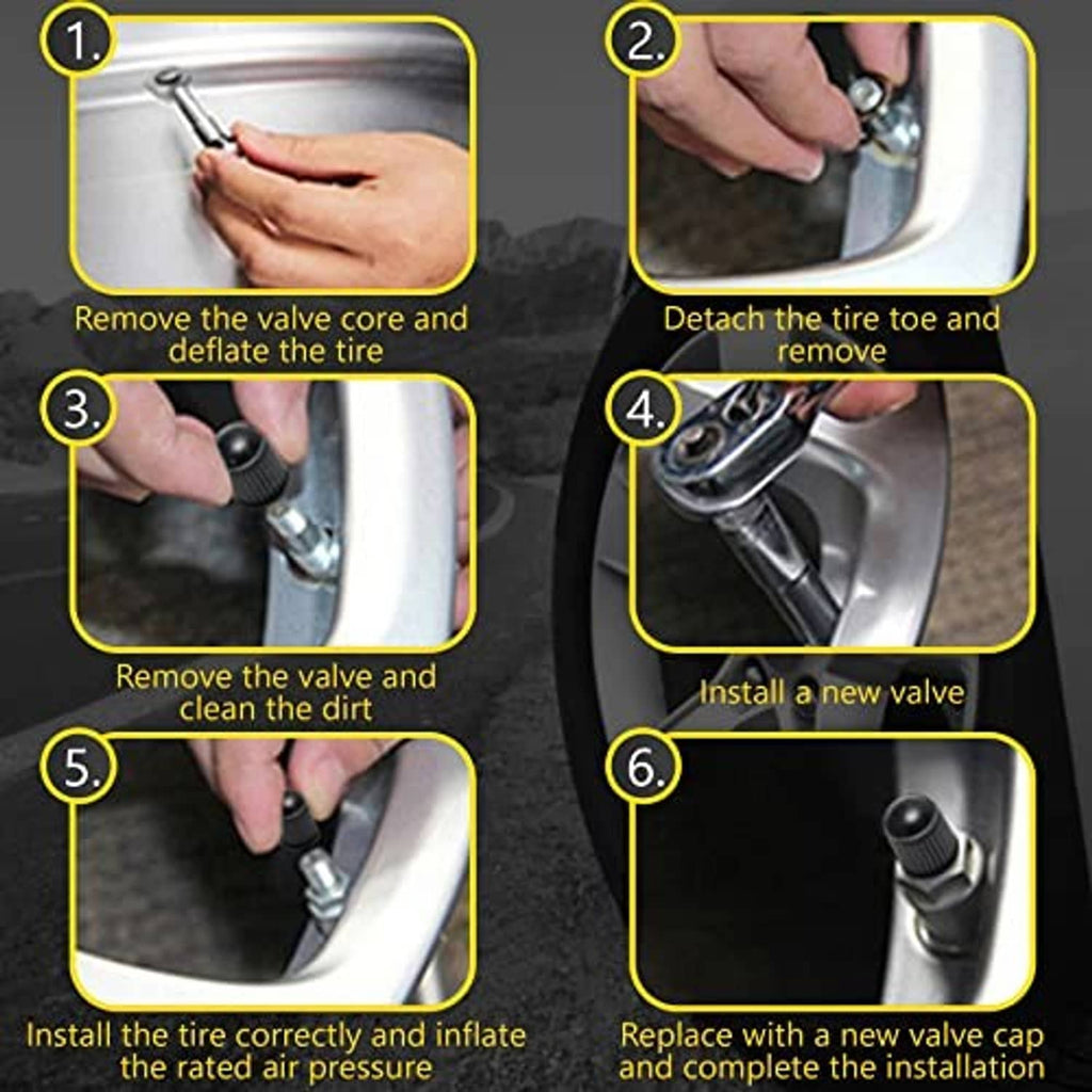 Tire valve installation steps with valve stem and tire cap