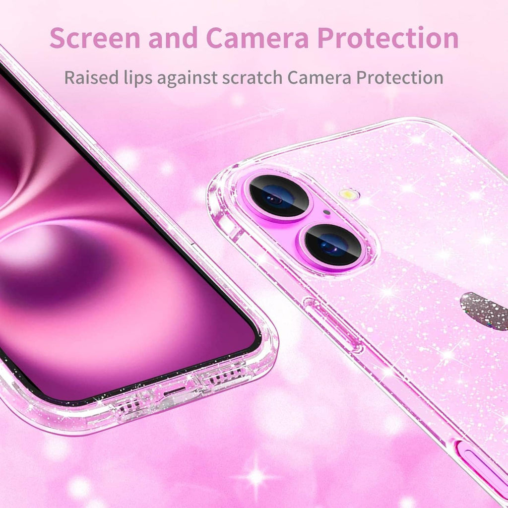 Transparent pink glitter TPU phone case showing camera cutouts and raised edge