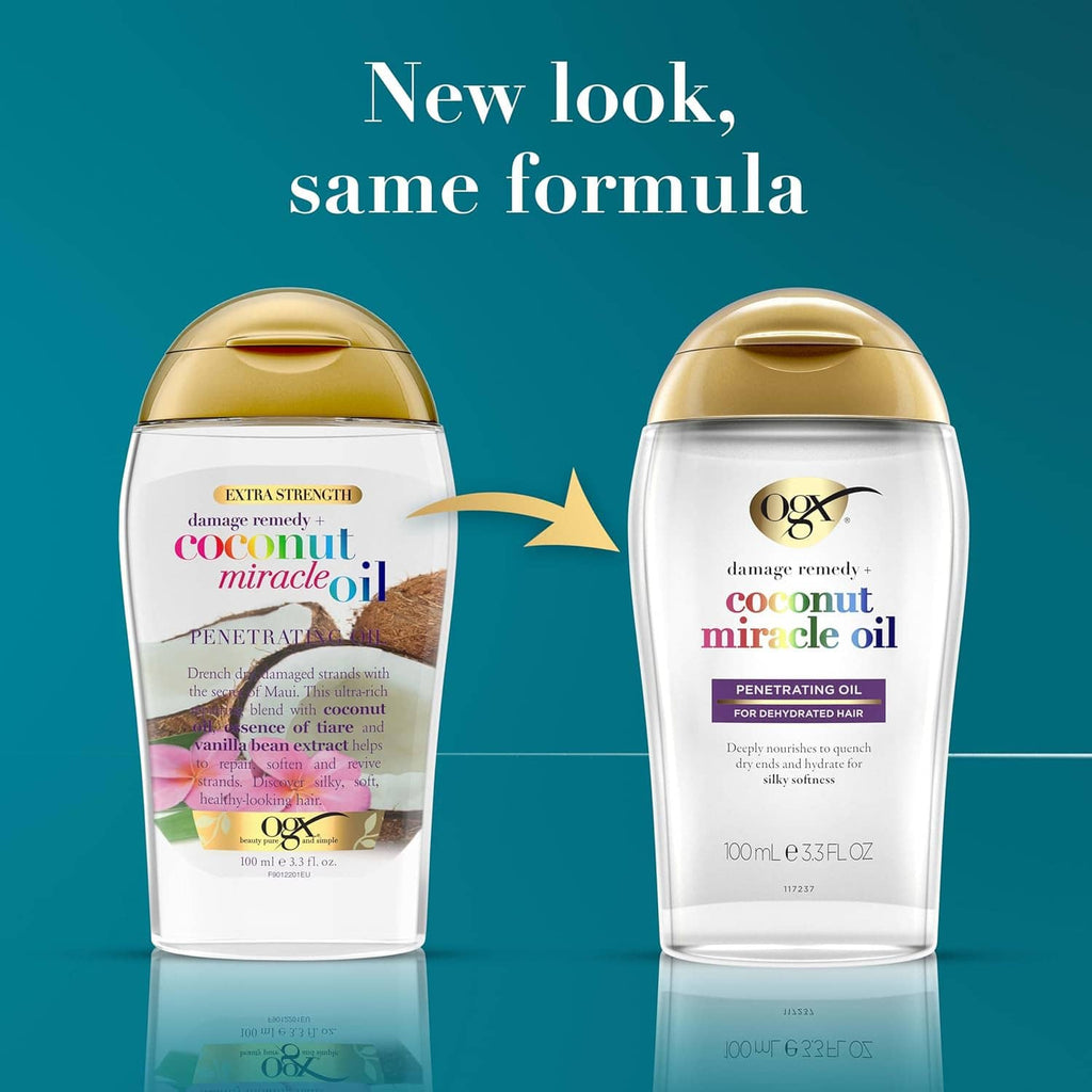 OGX coconut miracle oil penetrating hair oil bottle with gold cap and amber label