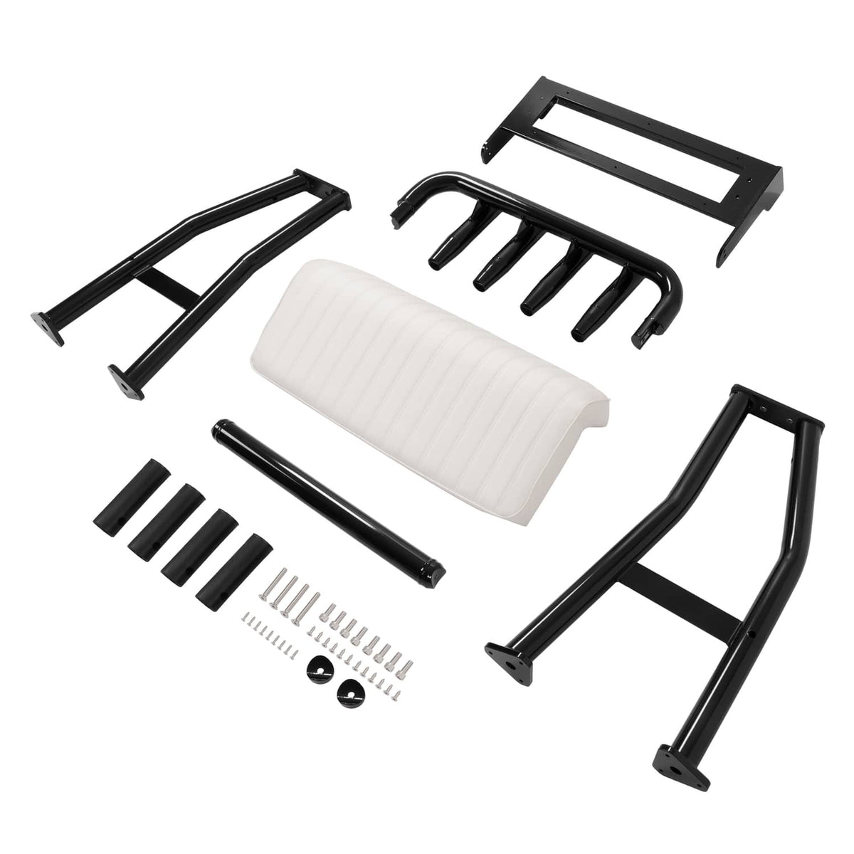 Boat leaning seat components kit with black frame parts and white padded cushion