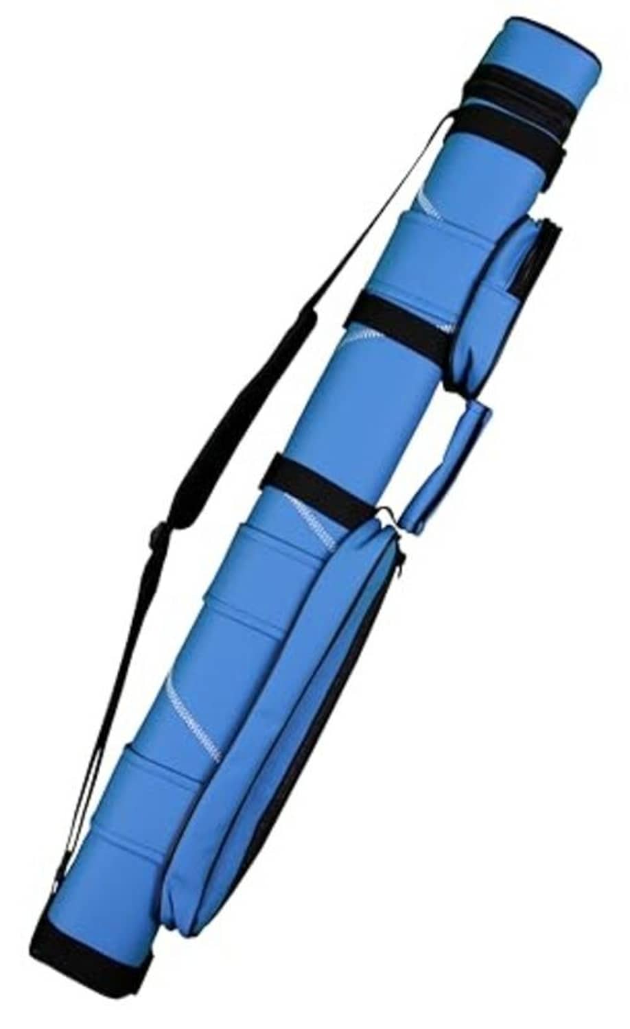 Blue billiard cue case with padded dividers, black trim, and carrying shoulder strap