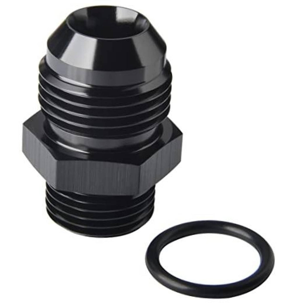 Black AN ORB fuel line adapter with hex body, male threads, and O-ring seal