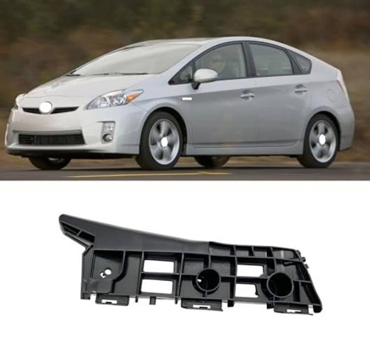 Right/passenger-side front bumper bracket, black plastic housing with mounting slots