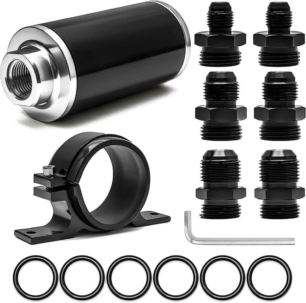Black inline fuel filter with mounting bracket, AN fittings, and O-ring seals