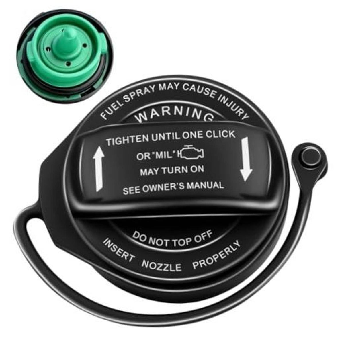 Fuel tank cap with black housing and green insert, warning label visible