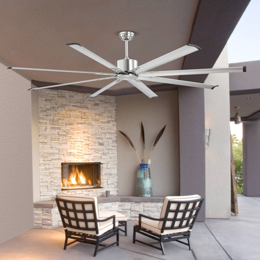 Nickel aluminum ceiling fan with 8 blades and central motor housing; no light kit.