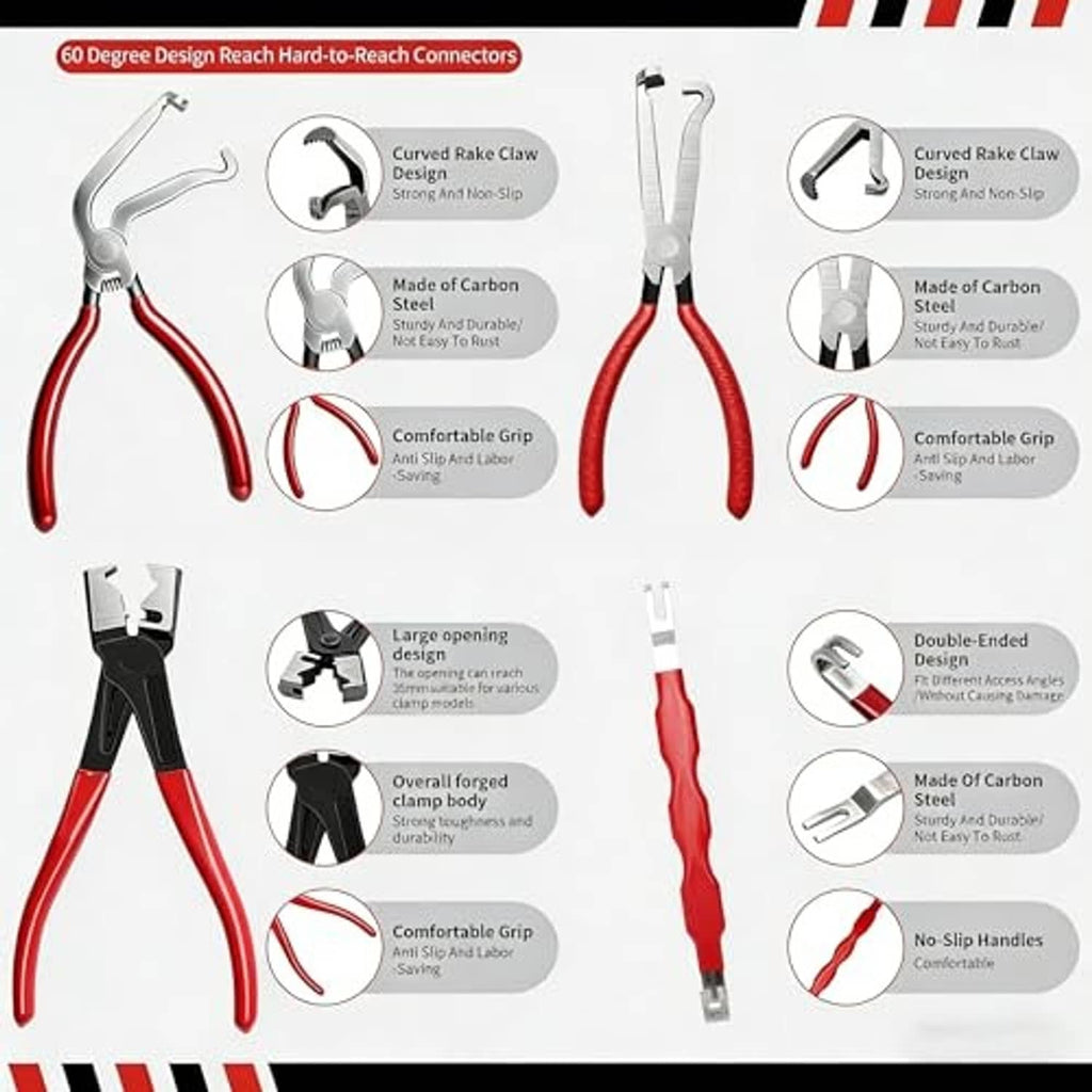 Electrical disconnect pliers kit with red handles and feature callouts on tool shapes