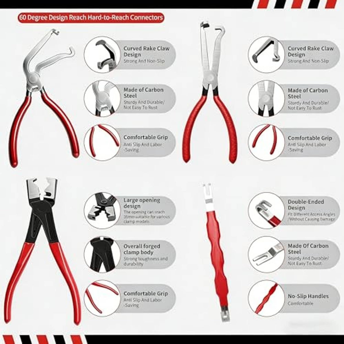 Electrical disconnect pliers kit with red handles and feature callouts on tool shapes