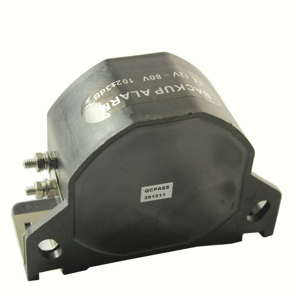 Backup alarm horn rear view with label, plus two wire terminals and bracket