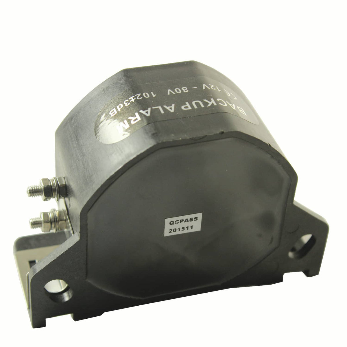 Backup alarm horn rear view with label, plus two wire terminals and bracket