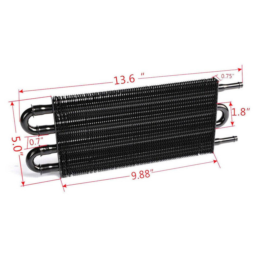 Transmission oil cooler radiator core with mounting pipes, labeled dimensions