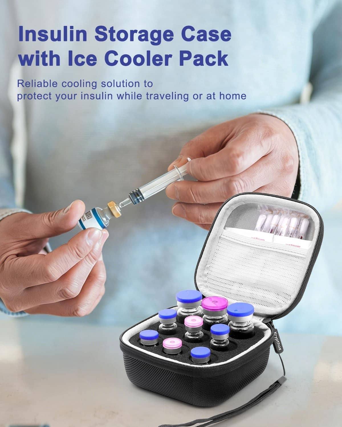 Black insulin storage case with open zipper and vial foam slots, shown with cooling pack
