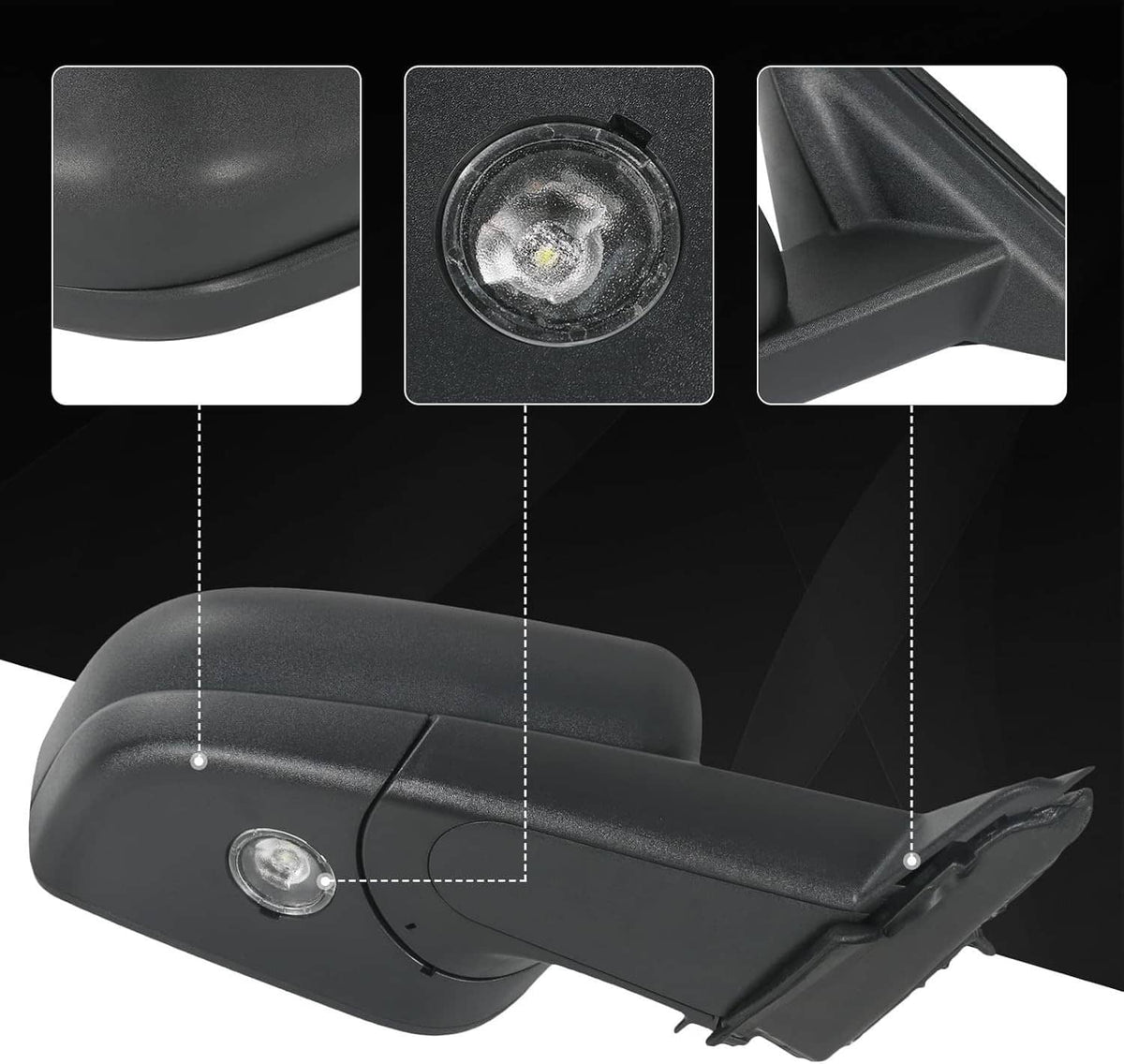 Right side mirror with integrated puddle light and indicator lens on black housing
