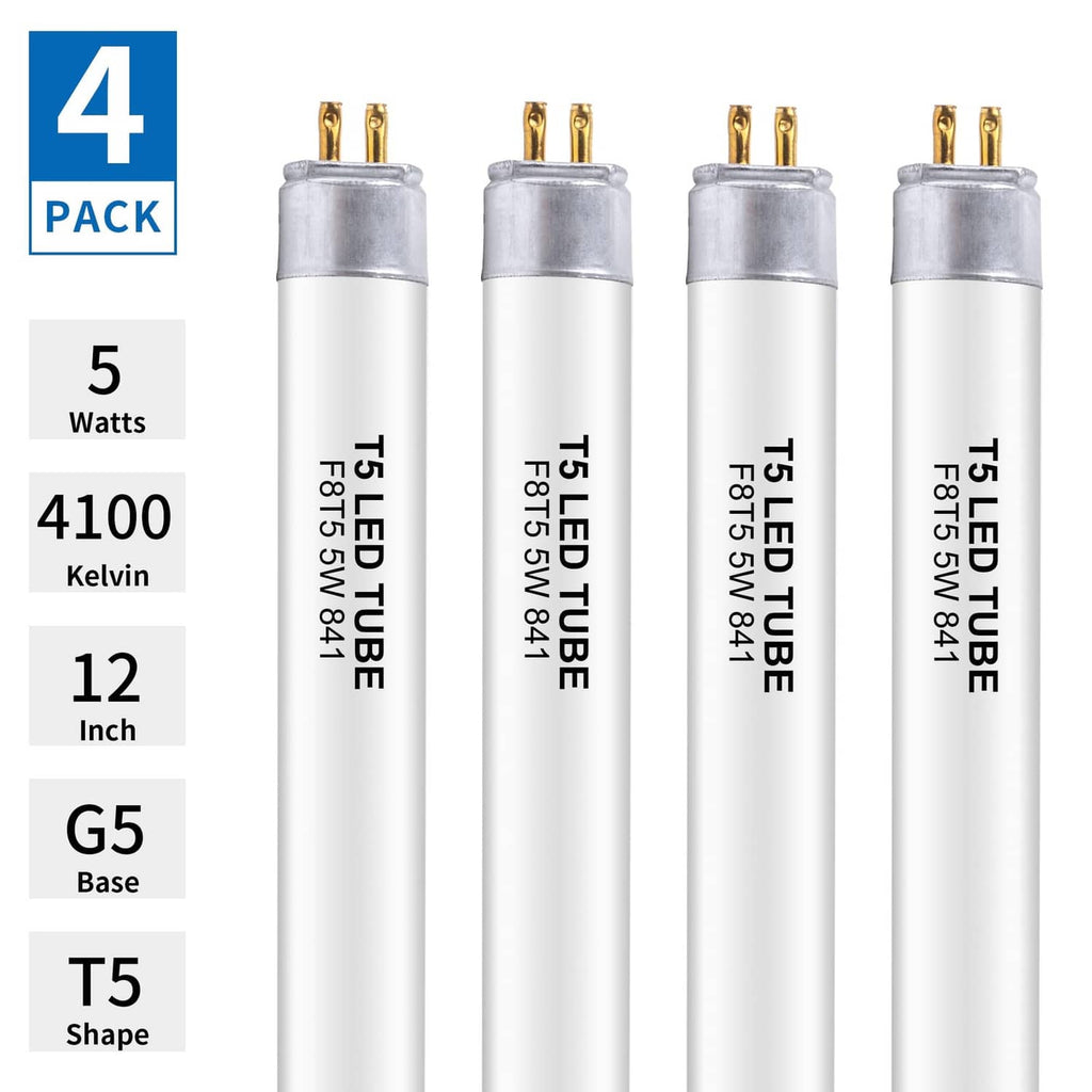 4-pack T5 LED tubes, G5 base, 12 in length, 5W, 4100K cool white