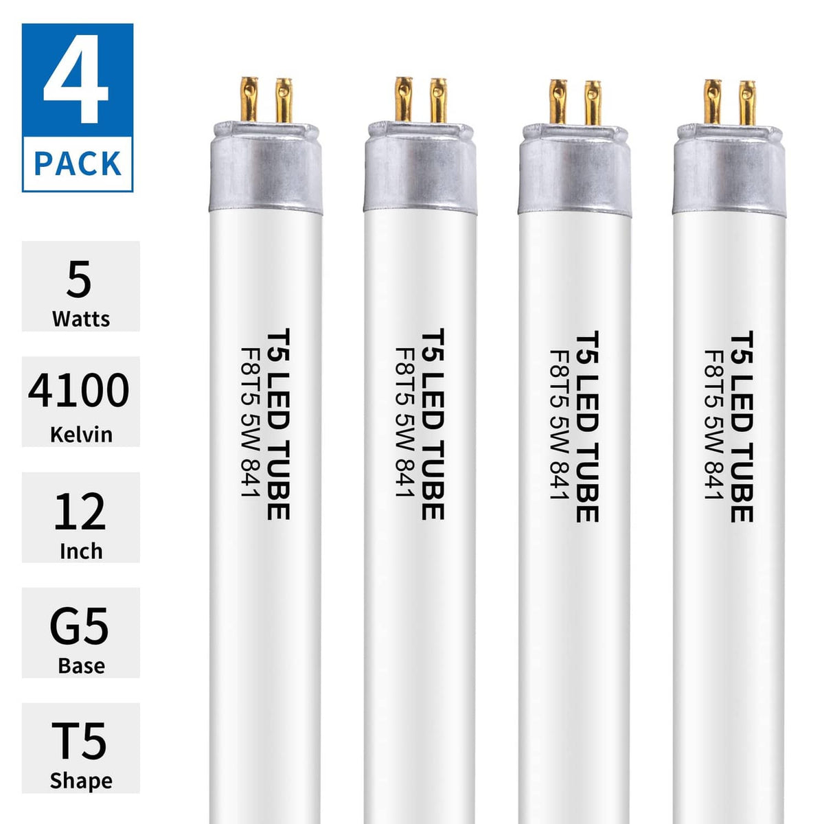 4-pack T5 LED tubes, G5 base, 12 in length, 5W, 4100K cool white