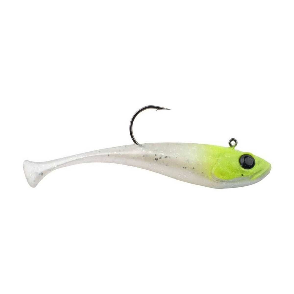 Chartreuse and translucent soft plastic swim bait with paddle tail and hook