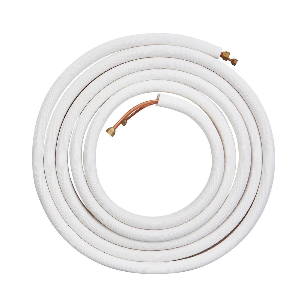 Coiled insulated ductless mini split refrigerant line set in white with copper end fittings
