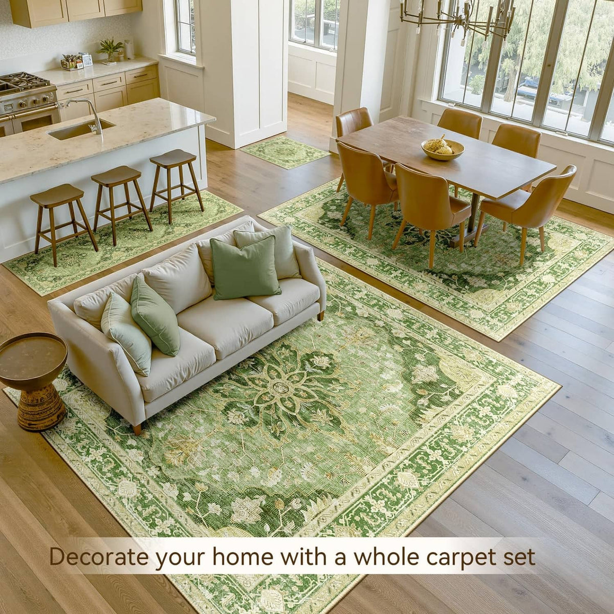Green patterned rectangular area rugs layered on hardwood floors for living room use.